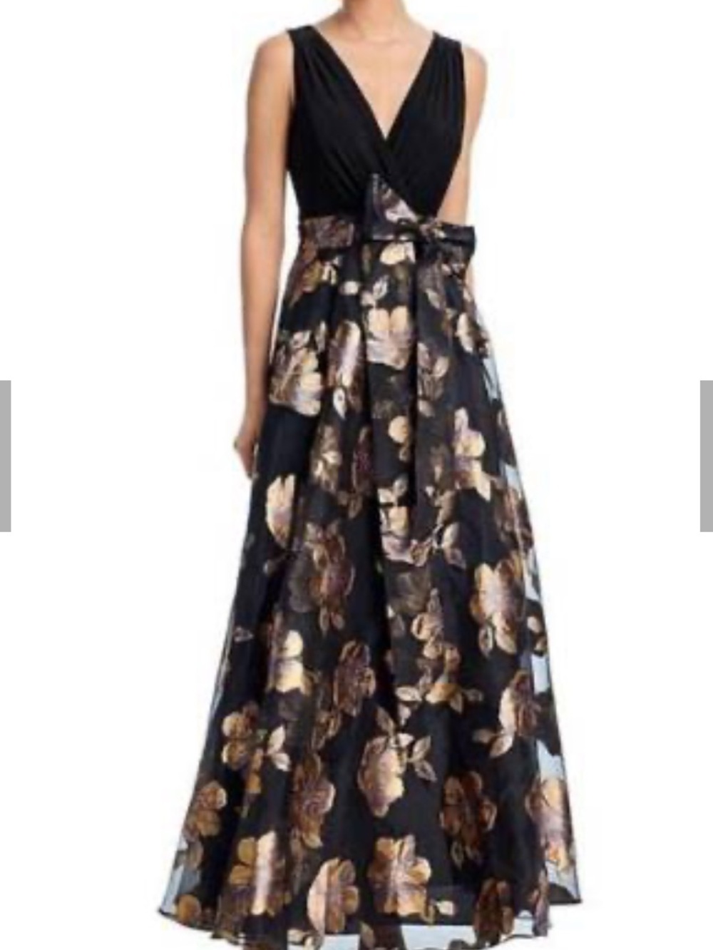 Eliza J Black and Gold Floral Ball Gown with Bow Waist